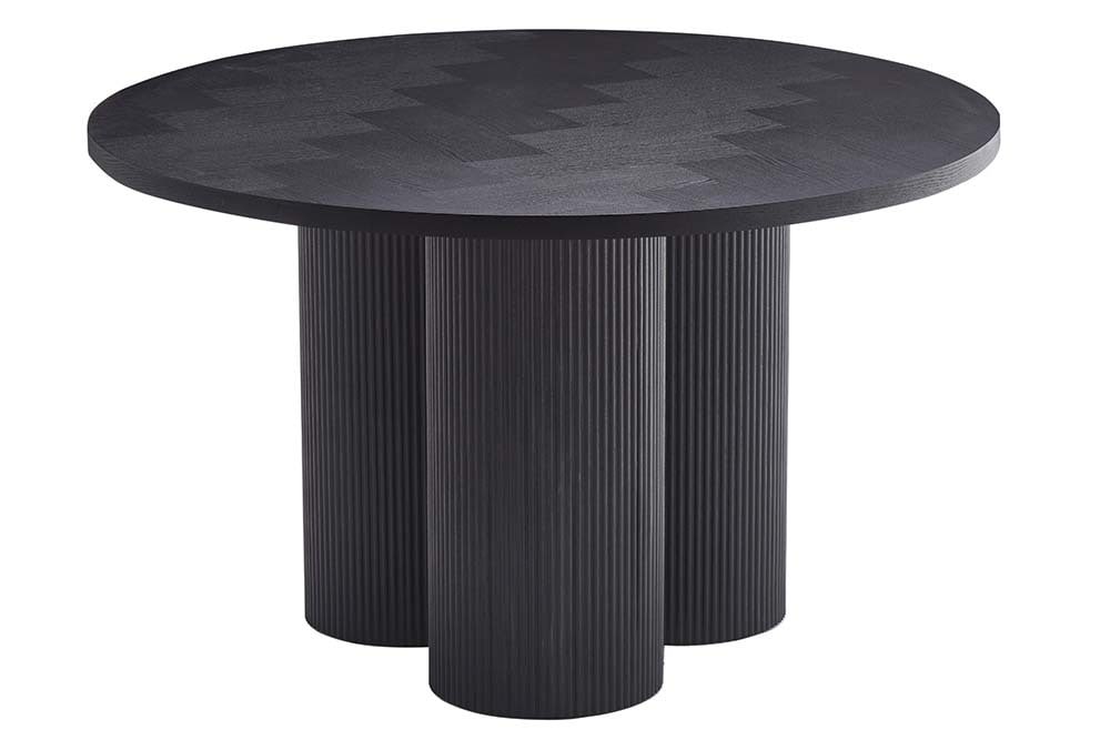 Design Esstisch BABYLON 120cm schwarz Fischgrät Eiche rund mit drei Säulenfüßen