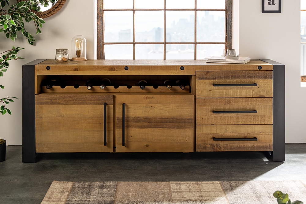 Massivholz Sideboard THOR 195cm braun Pinie mit Schubladen Weinregal Industrial Design