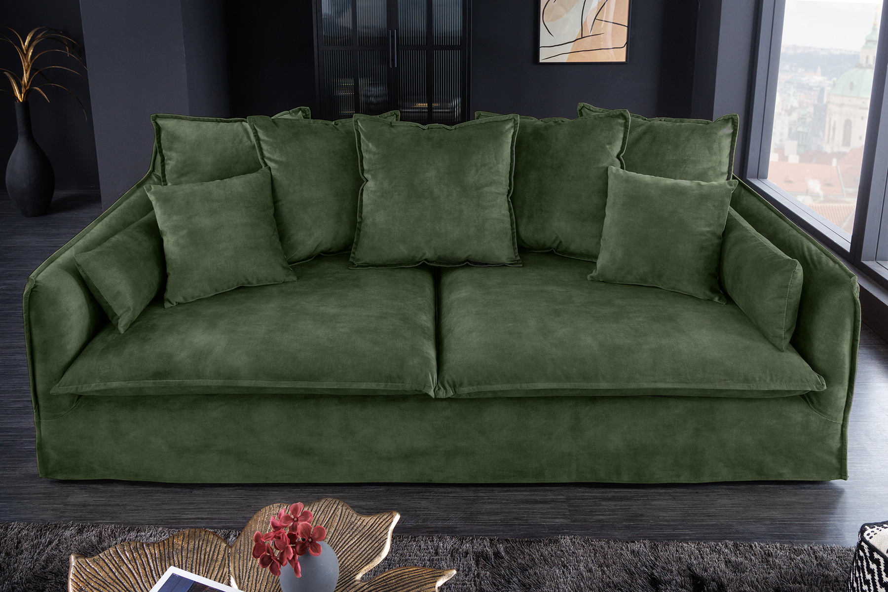 Großes 3-Sitzer Sofa HEAVEN 200cm dunkelgrün Samt Federkern waschbarer Bezug Hussensofa Couch