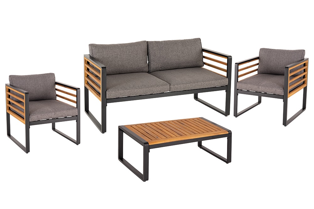 Outdoor Garten-Sitzgruppe PURE grau natur Akazie schwarz Metall inkl. Tisch Sitzpolster