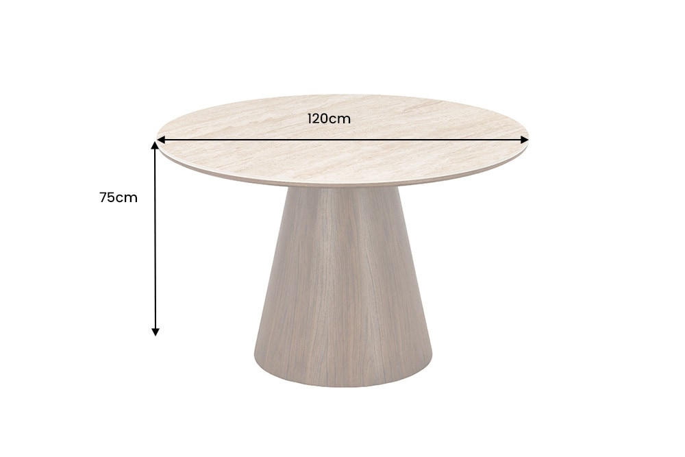 Runder Esstisch UNIQUE 120cm braun natur Walnussholz Travertin Keramik Säulenfuß