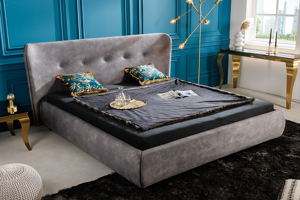 Retro Doppelbett FLORENZ 180x200cm grau Samt Polsterbett Kingsize