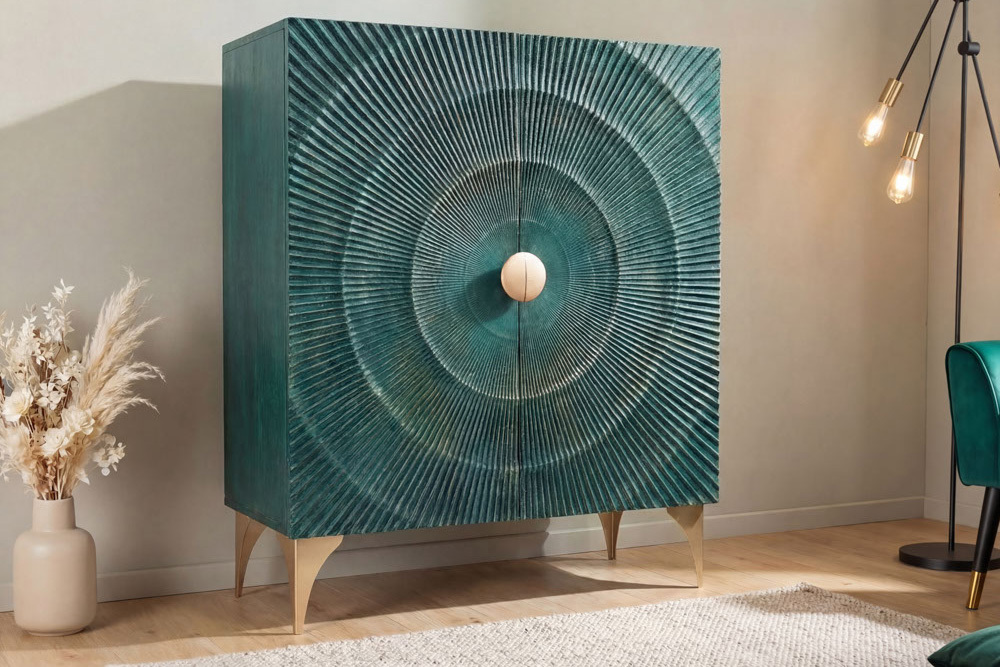 Massives Highboard GOLDEN SUNSET 120cm türkis gold Mangoholz mit 3D Schnitzereien Massives Highboard GOLDEN SUNSET 120cm türkis gold Mangoholz mit 3D Schnitzereien