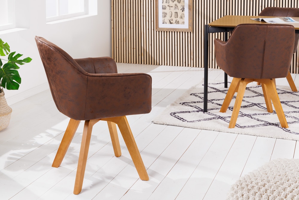 Design Stuhl LOFT antik braun Microfaser drehbar massiv Buchenholz mit Armlehne