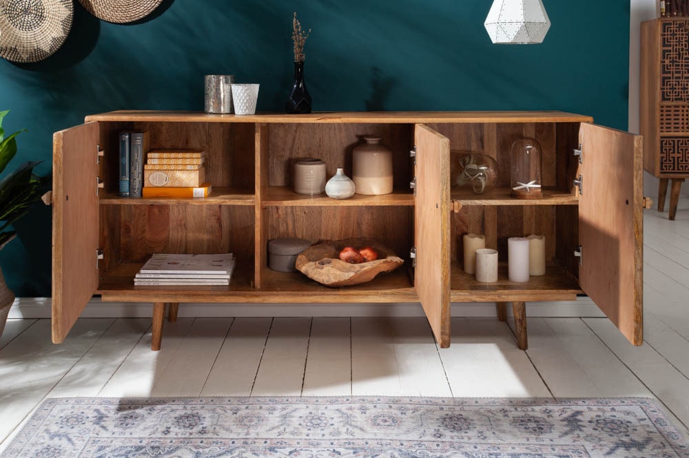 Massives Sideboard MARRAKESCH 160cm Mangoholz mit Verzierung Boho Stil