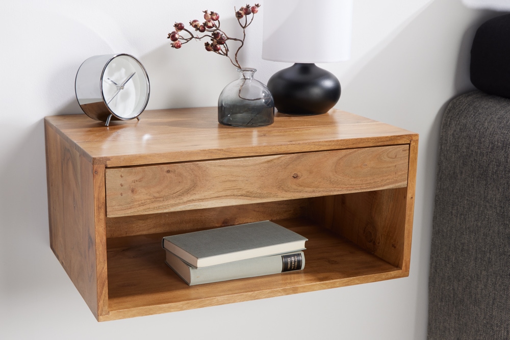 Hängender Nachttisch PURE 50cm braun Akazie Massivholz honey finish Schublade