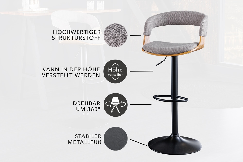 Retro Barhocker MANHATTAN grau Strukturstoff Eschenholz drehbar höhenverstellbar