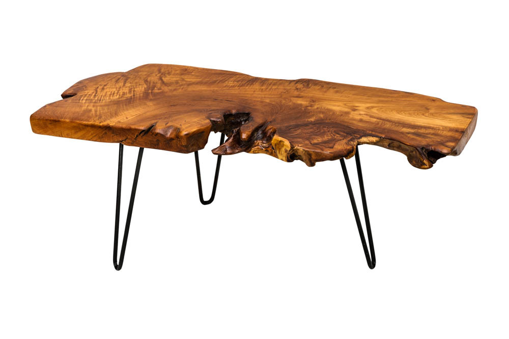 Massiver Couchtisch WILD 100cm Teak Massivholz Baumscheibe Hairpin Legs