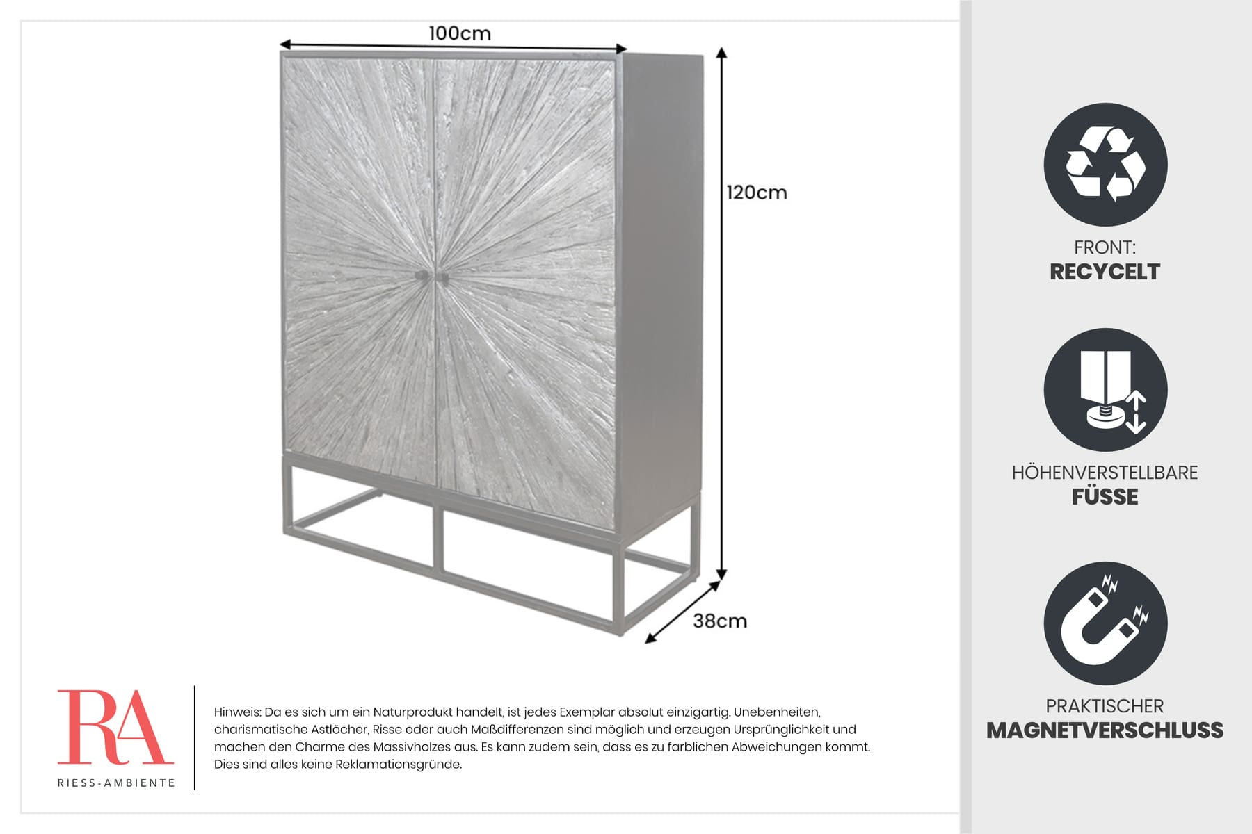 Massives Highboard BARRACUDA 120cm grau Mangoholz mit Teakholz-Front schwarz Metall