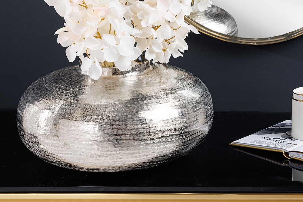 Moderne Deko Vase ABSTRACT ORIENT 35cm silber rund Metall Hammerschlag-Design