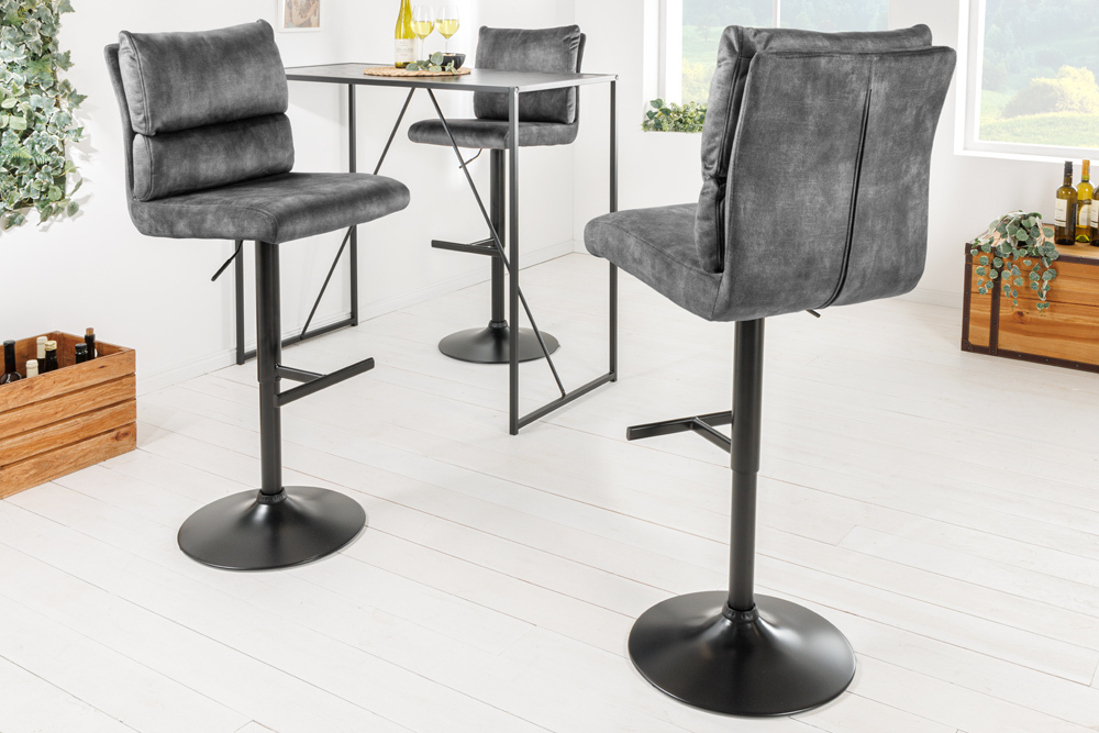 Höhenverstellbarer Barhocker COMFORT dunkelgrau Samt drehbar mit Lehne Metall schwarz