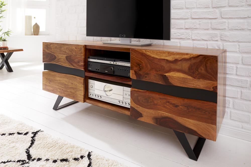 Massives TV-Lowboard AMAZONAS 160cm braun Sheeshamholz mit Baumkante