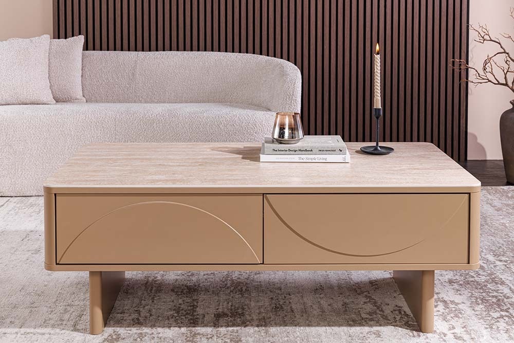 Design Couchtisch SAVOY 120cm grau beige greige Keramik Travertin mit Schublade