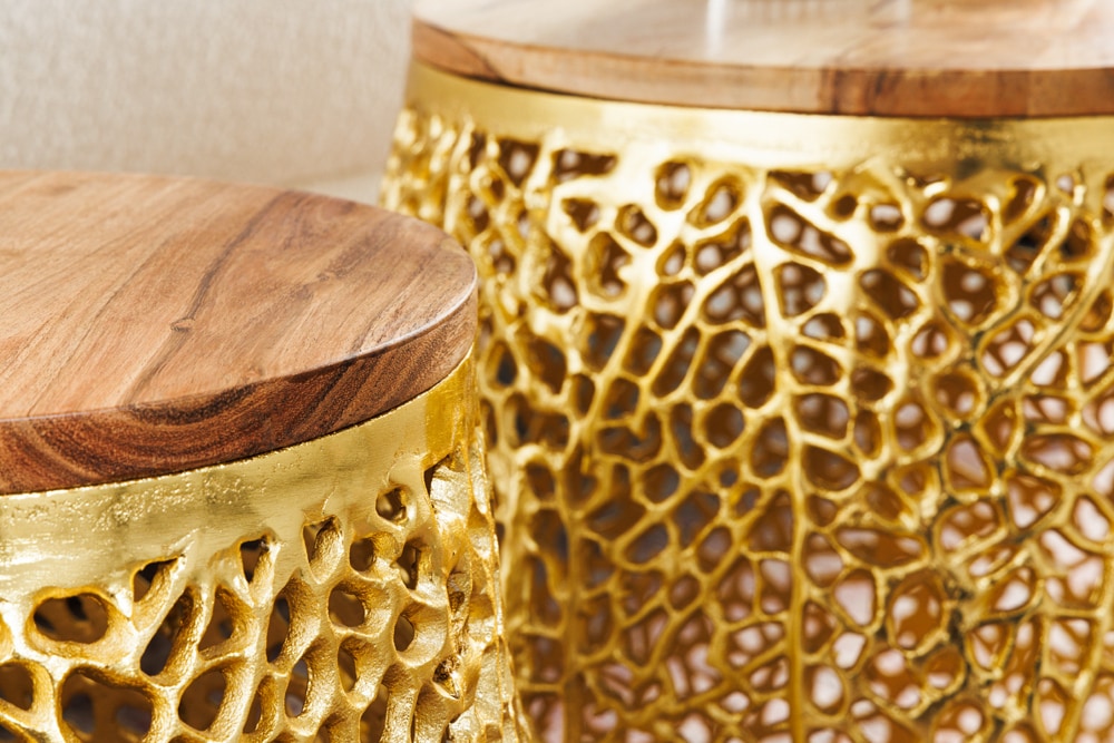 2er Set Filigraner Design Couchtisch ABSTRACT LEAF gold Akazienholz Handarbeit Metall rund