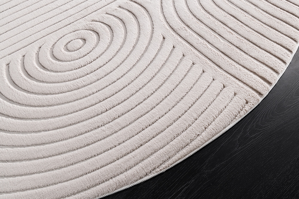 Runder 3D strukturierter Kurzflor Teppich ART DECO 230cm beige creme Hoch-Tief-Effekt