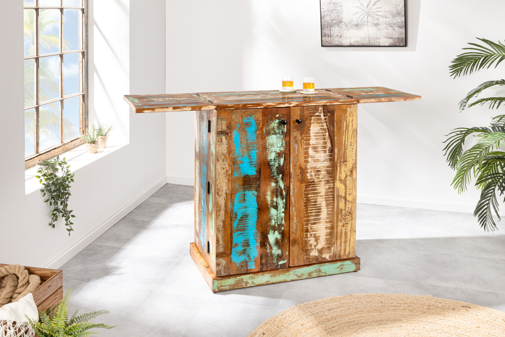 Einzigartiger Barschrank JAKARTA 100cm natur bunt recyceltes Massivholz aus Fischerbooten