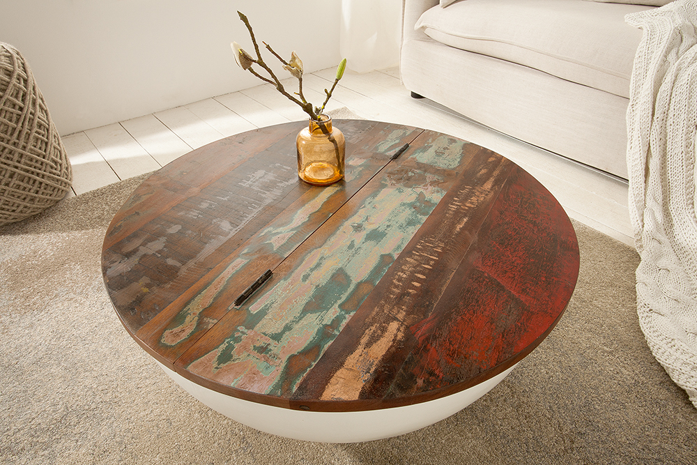 Design Couchtisch JAKARTA 70cm weiß Massivholz rund aus recycelten Fischerbooten mit Stauraum
