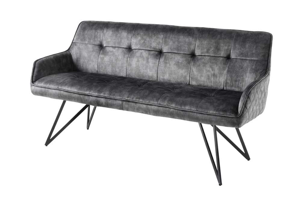 Design Sitzbank EUPHORIA 160cm dunkelgrau Samt Retrostil Ziersteppung Hairpin Legs Metallbeine Armlehnen