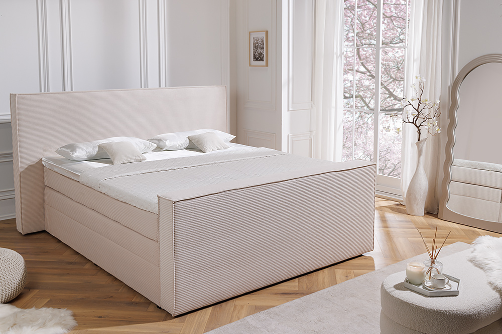 Design Boxspringbett SIGNUM 180x200cm beige Cord inkl. Topper Matratze und Stauraum