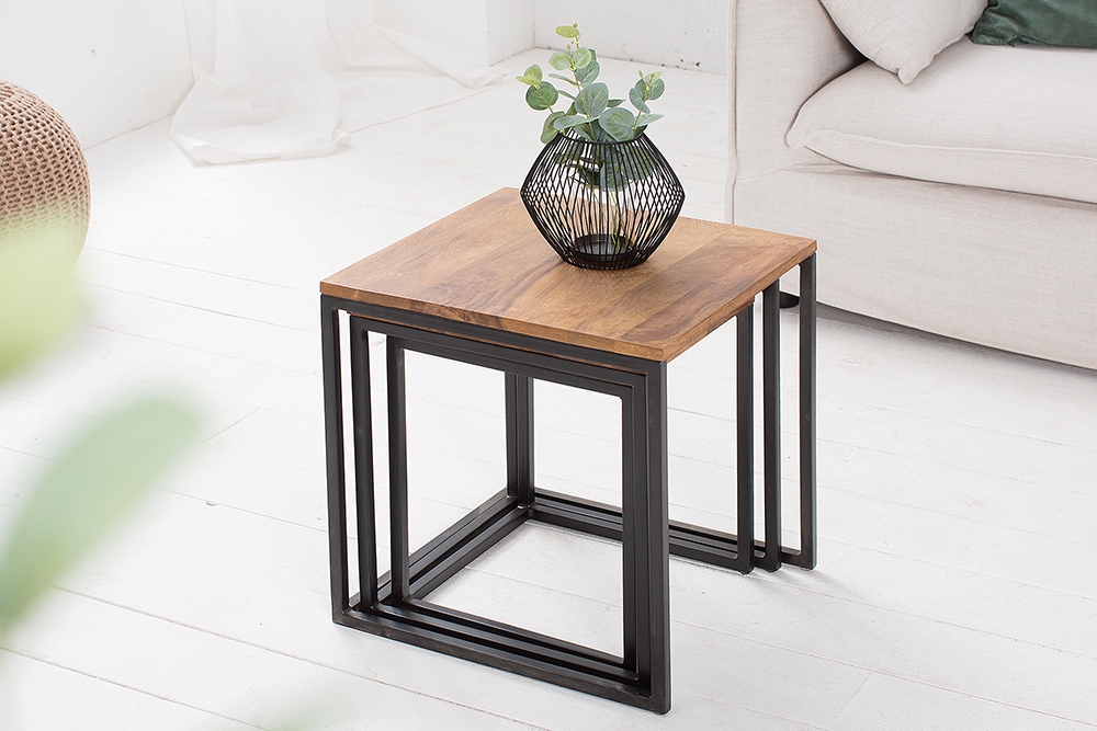 3er Set Beistelltisch ELEMENTS 40cm braun Sheesham Massivholz stone finish Metall
