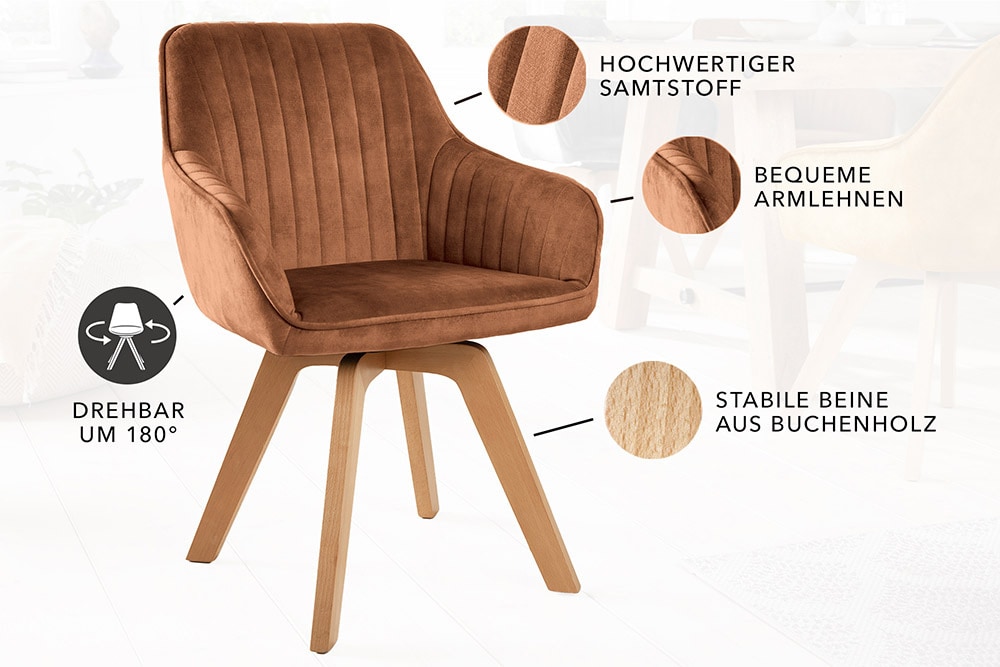 Drehbarer Design Stuhl LIVORNO rost braun Samt Buchenholz Beine mit Armlehnen