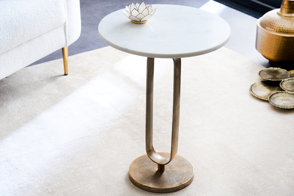 Runder Beistelltisch ELEGANCE 60cm weiß gold antik Marmor Metall Aluminium handmade