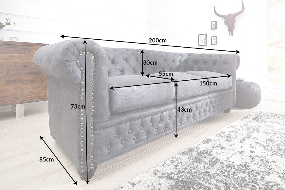 Design 3er Sofa CHESTERFIELD 200cm antik grau Federkern 3-Sitzer Loungesofa