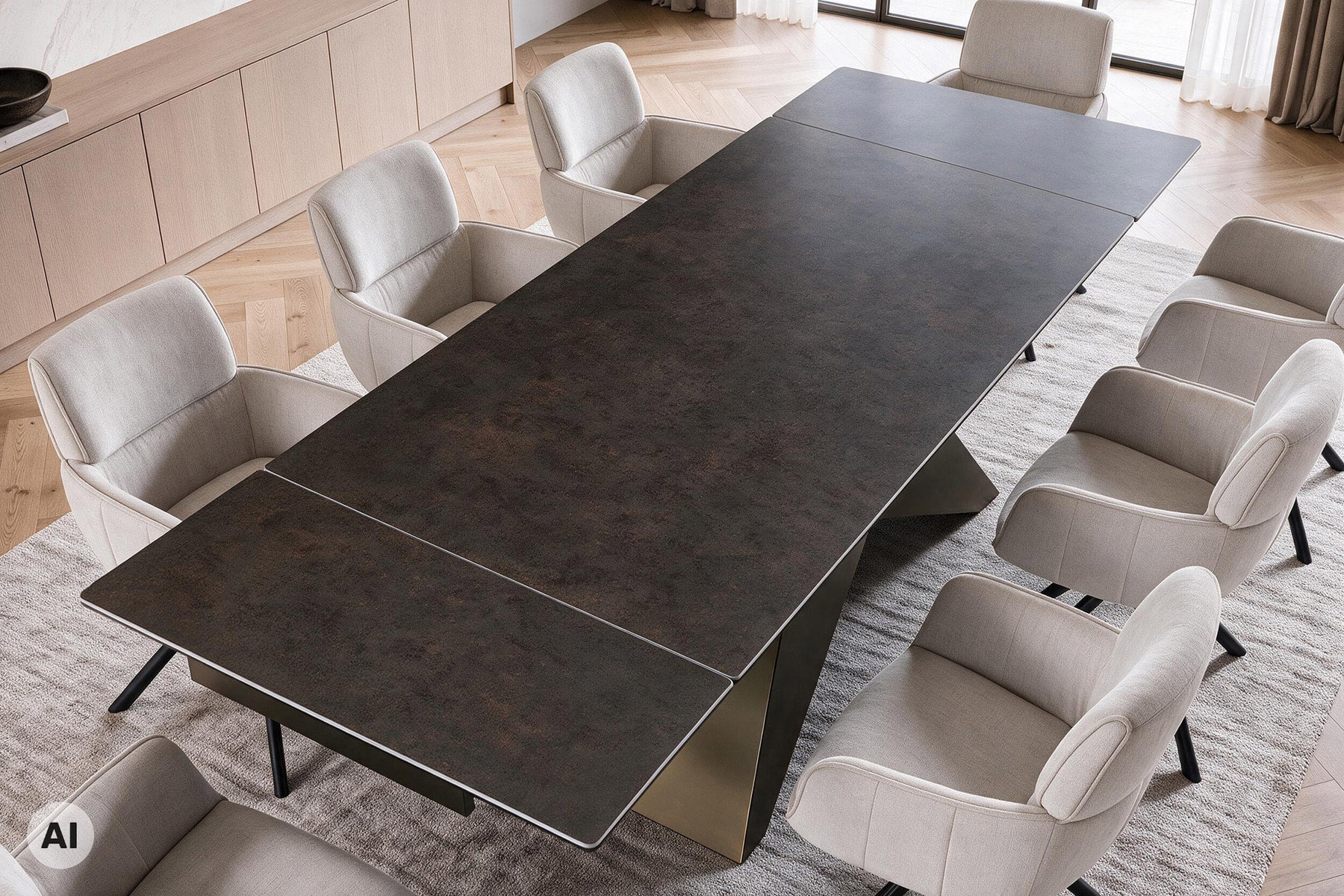 Design Esstisch DIAMOND 180-260cm rost Keramik Metallgestell bronze