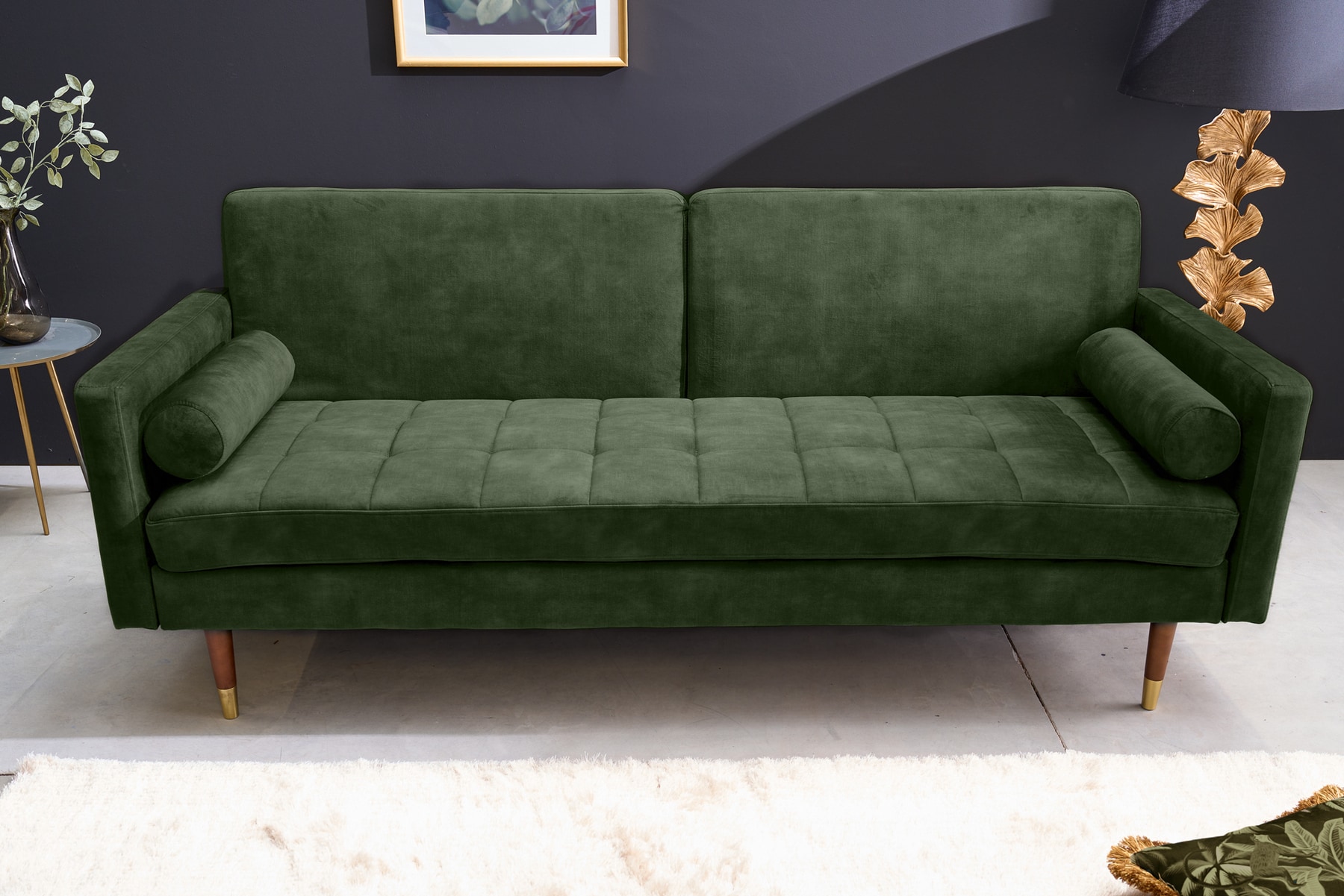 Modernes Schlafsofa COUTURE 200cm grün Microvelours 3-Sitzer Couch mit Schlaffunktion