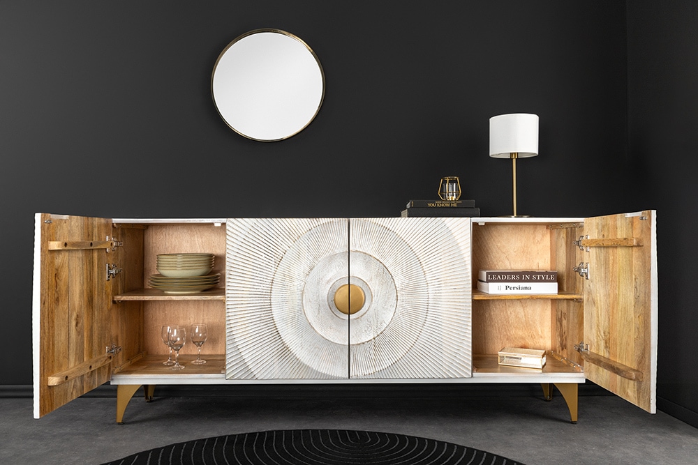 Handgearbeitetes Sideboard GOLDEN SUNSET 180cm weiß gold Mangoholz Metallbeine