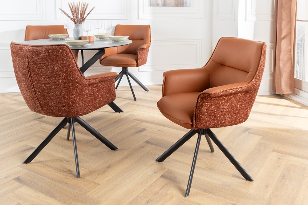 Drehbarer Stuhl LE GRAND cognac Echtleder Strukturstoff schwarzes Metallgestell