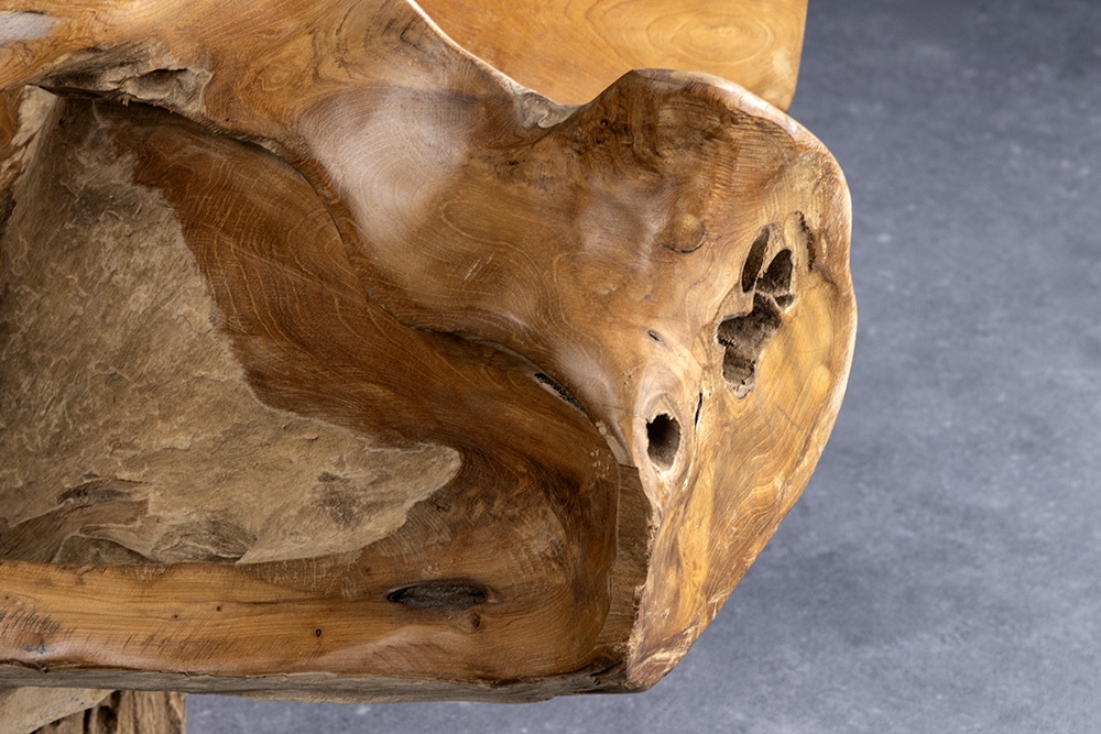 Runder Couchtisch ROOT 100cm natur Teak Massivholz aus Wurzelholz mit Glasplatte