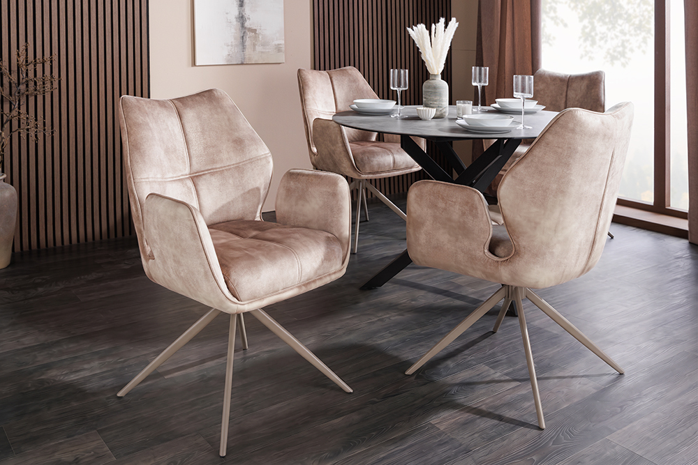 Drehbarer Design Stuhl CONCORD champagner greige Samt Taschenfederkern Metallgestell greige