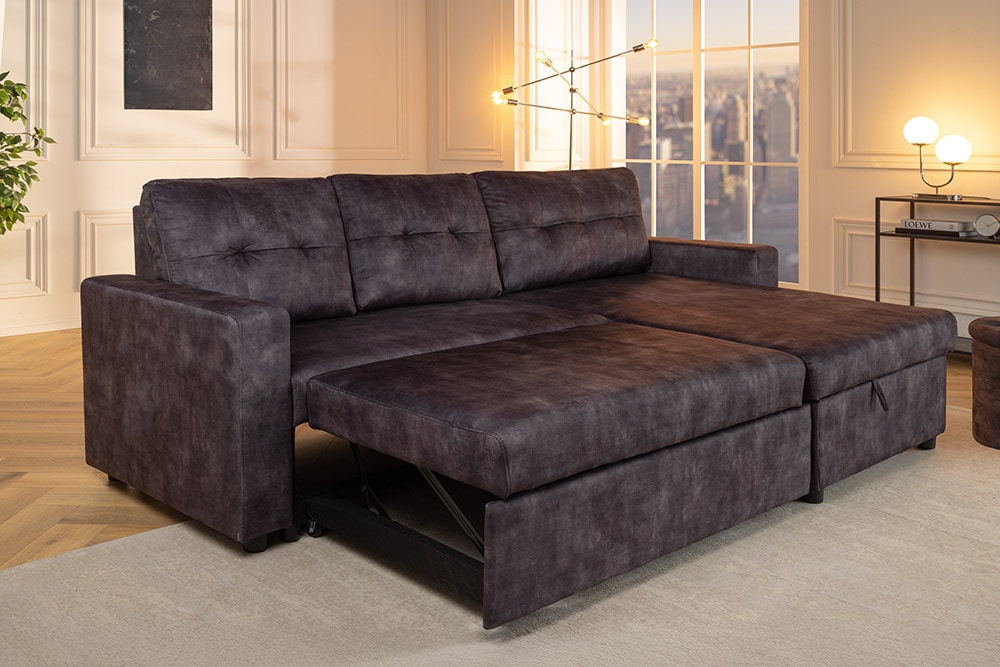 Ecksofa mit Schlaffunktion APARTMENT beidseitig aufbaubar grau Samt inkl. Stauraum