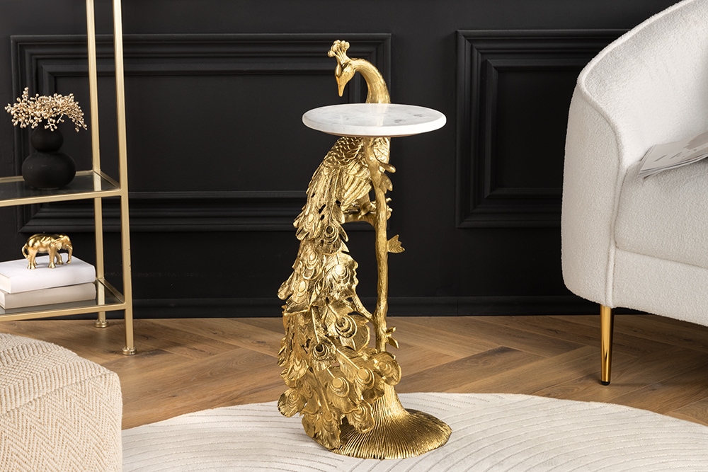 Runder Beistelltisch WILDLIFE PEACOCK 75cm gold antik weiß Metall Marmor Pfauen-Skulptur