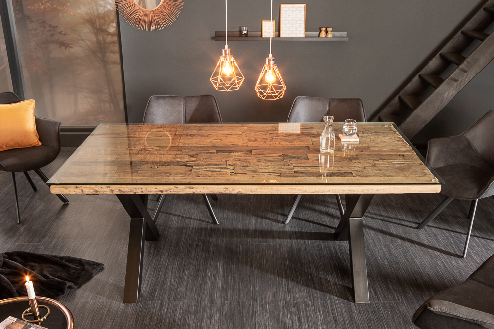 Massiver Esstisch BARRACUDA 180cm Teakholz inkl. Glasplatte mit X-Gestell
