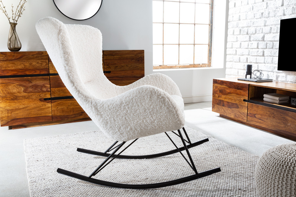 Design Schaukelstuhl SCANDINAVIA SWING weiß Bouclé Sessel schwarz Metall