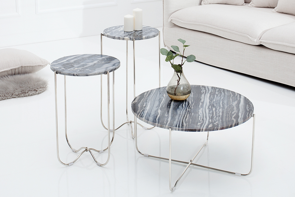 Exklusiver Couchtisch NOBLE 65cm grau echter Marmor rund silber Metall