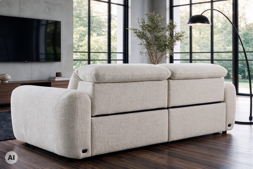 3er Sofa MILANO 220cm beige Bouclé Tweed Soft elektrisch verstellbare Fuß und Kopfstütze