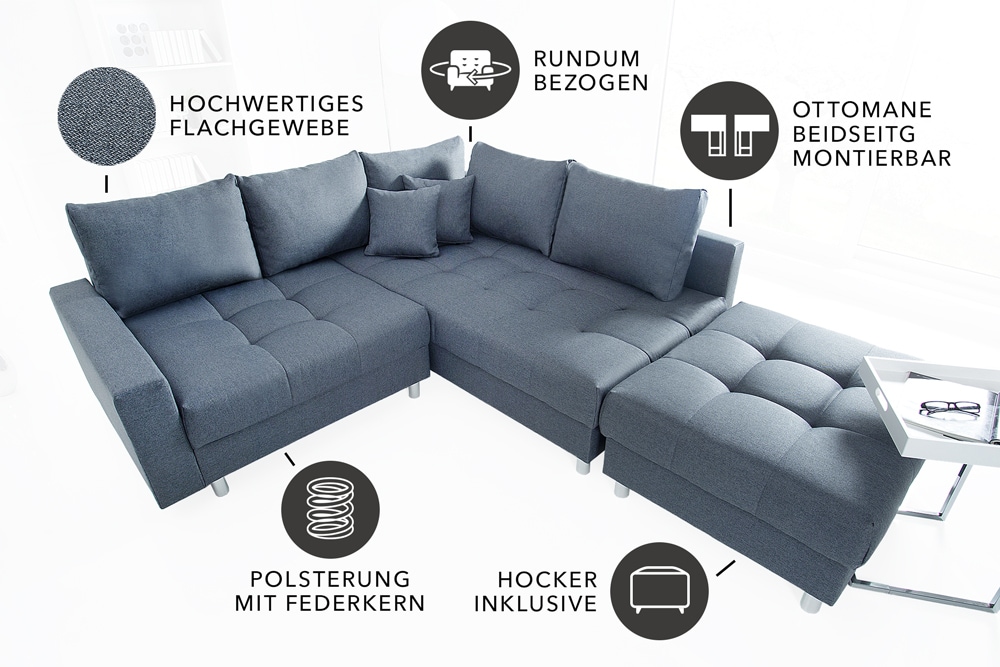 Moderne Wohnlandschaft KENT 220cm anthrazit Ecksofa Federkern inkl. Hocker und Kissen