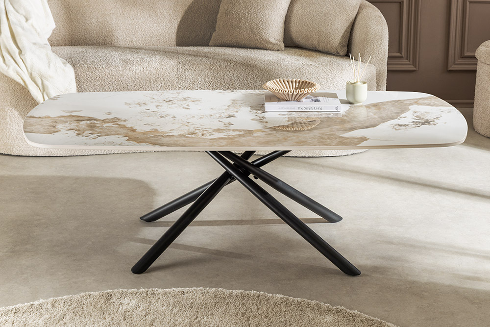 Design Couchtisch OSAKA 110cm weiß schwarz Pandora Keramik mit Sterngestell