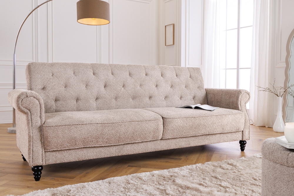 Chesterfield 3-Sitzer Sofa MAISON BELLE AFFAIRE 220cm greige Bouclé mit Schlaffunktion
