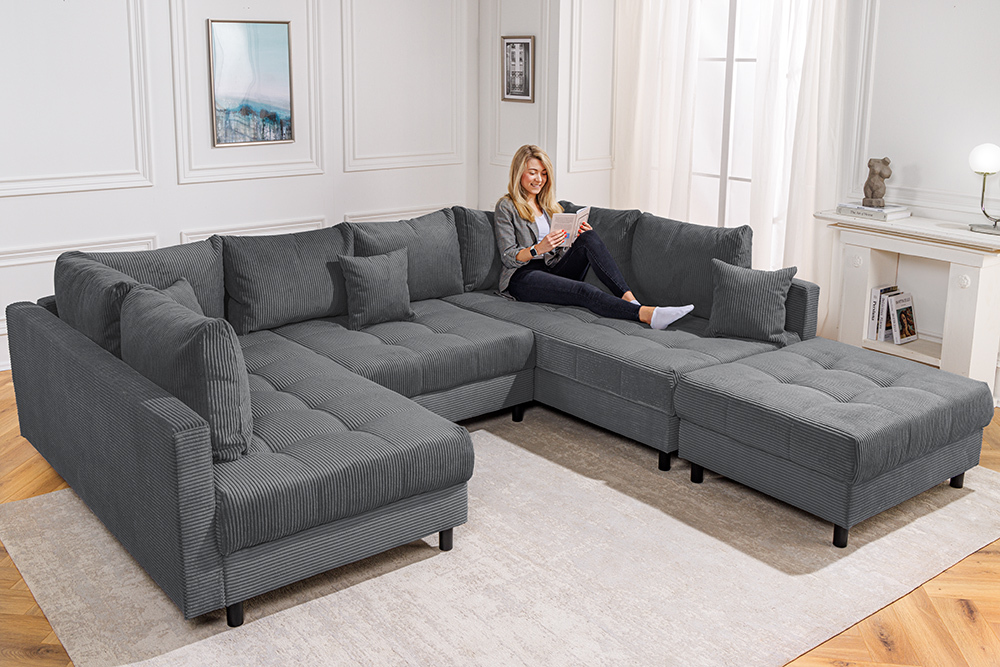 Moderne XXL Wohnlandschaft KENT 305cm anthrazit Cord Bigsofa inkl. Hocker Federkern