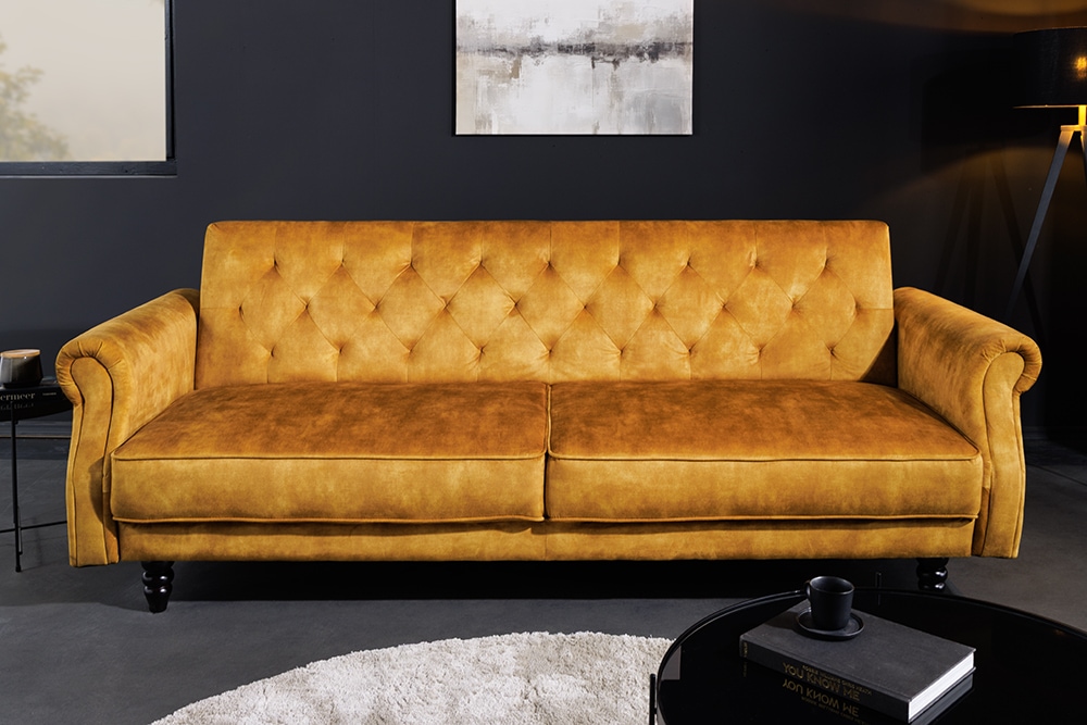 3-Sitzer Sofa MAISON BELLE AFFAIRE 220cm senfgelb Samt mit Schlaffunktion