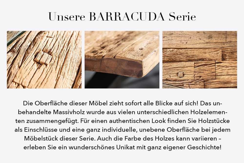 Massiver Esstisch BARRACUDA 180cm antik Teak Holz mit Stahl Kufenfüßen inkl. Glasplatte