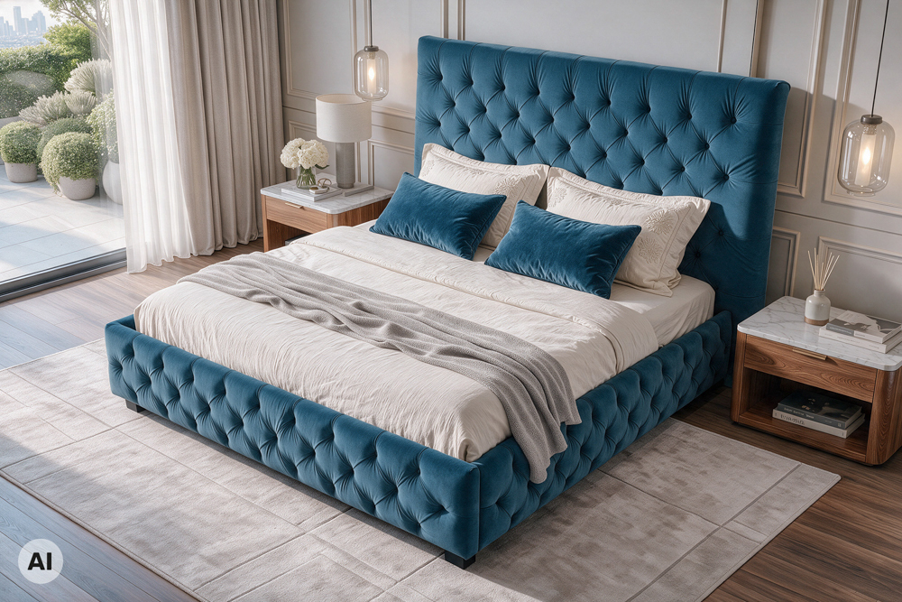 Design Doppelbett PARIS 180x200cm dunkelblau Samt Chesterfield Design Doppelbett PARIS 180x200cm dunkelblau Samt Chesterfield