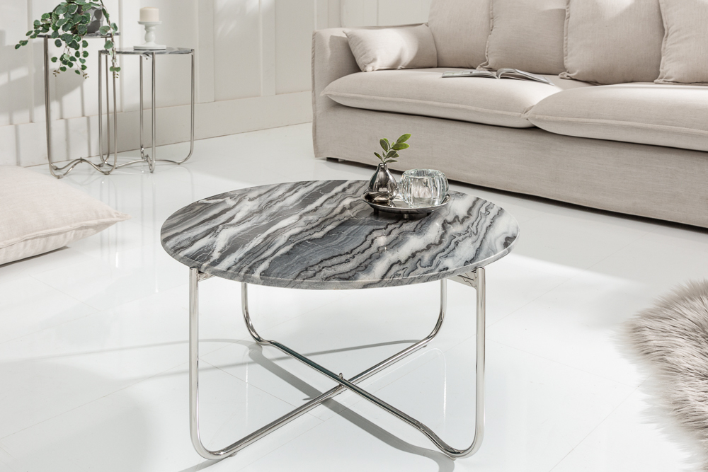 Runder Couchtisch NOBLE 65cm grau Marmor abnehmbare Tischplatte klappbar silber Metall