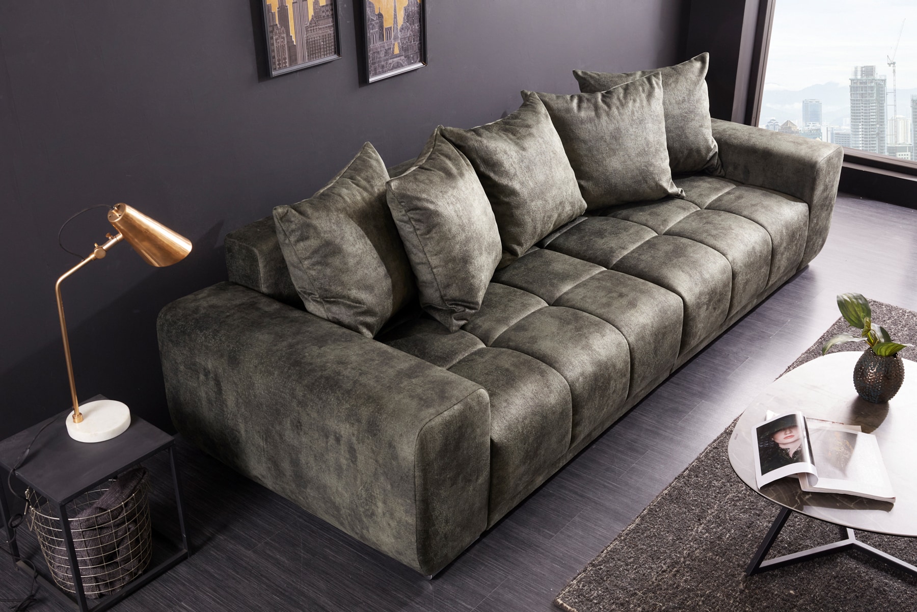 Big Sofa ELEGANCIA 285cm moosgrün Microfaser XXL Couch inkl. Kissen Federkern