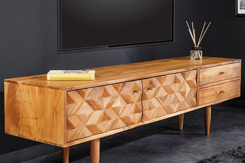 Massivholz TV-Lowboard ALPINE 145cm natur Akazie Retro Design honey finish Massivholz TV-Lowboard ALPINE 145cm natur Akazie Retro Design honey finish
