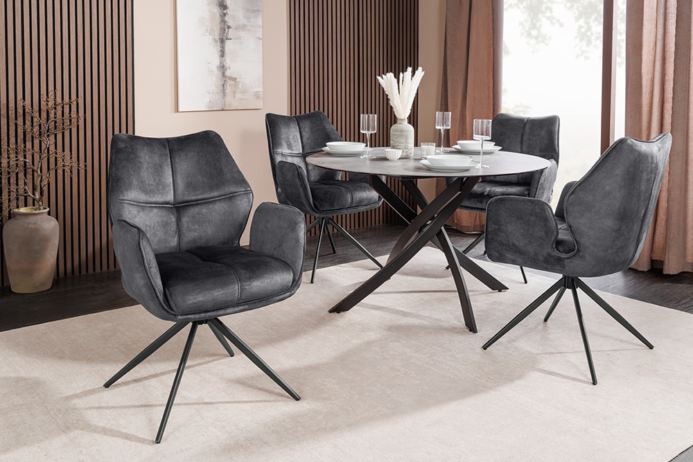 Drehbarer Design Stuhl CONCORD dunkelgrau Samt Taschenfederkern Metallgestell schwarz